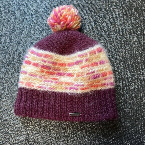 PrAna Francesca Pom Beanie Hat OS Purple Wool Winter Ski Snow Fleece Lined - Picture 1 of 6